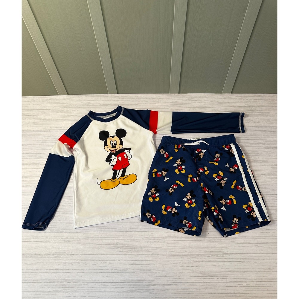 Disney Mickey Mouse Boys Rash Guard and Swim Trunks Set Navy White Red Size 6/7